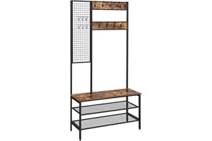 VASAGLE Hall Tree, Coat Rack with Grid Wall, Shoe Rack, 2 Shelves 15 Hooks, 72.8-Inch Tall UHSR98BX