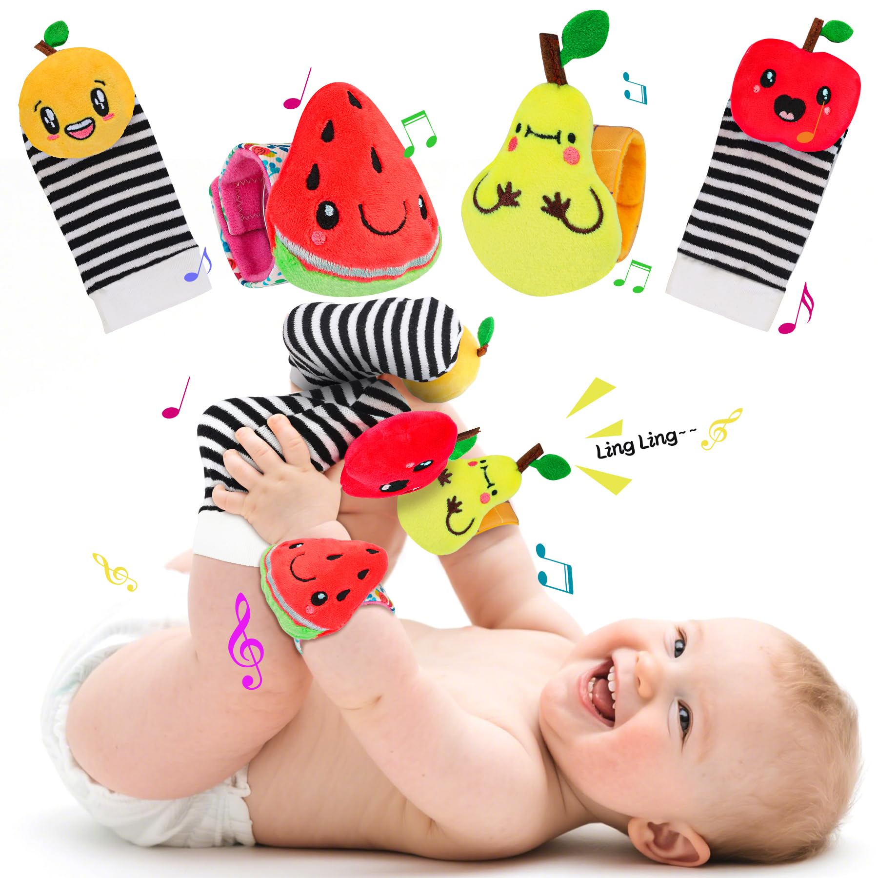 Foot Finders & Wrist Rattles for Infants - Baby Toys 0-6 Months Motor Skills Developmental Toys Fruit Theme Newborn Soft Wrist Rattle Socks, Baby Shower Gifts for Boys Girls (Fruit STYL-A)