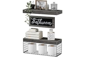 QEEIG ‎Bathroom Shelves Over Toilet - Paper Storage Wall Mounted Farmhouse Decor Decorations Aesthetic Décor Sign Small Floating Wall Shelf 2+1 Set 16 inch, Grey (020GY)