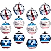 KI Store Large Patriotic Ball Ornaments 12pcs American Flag Decorations for Veterans Day Christmas Decor Bonus 6pcs United States Flag
