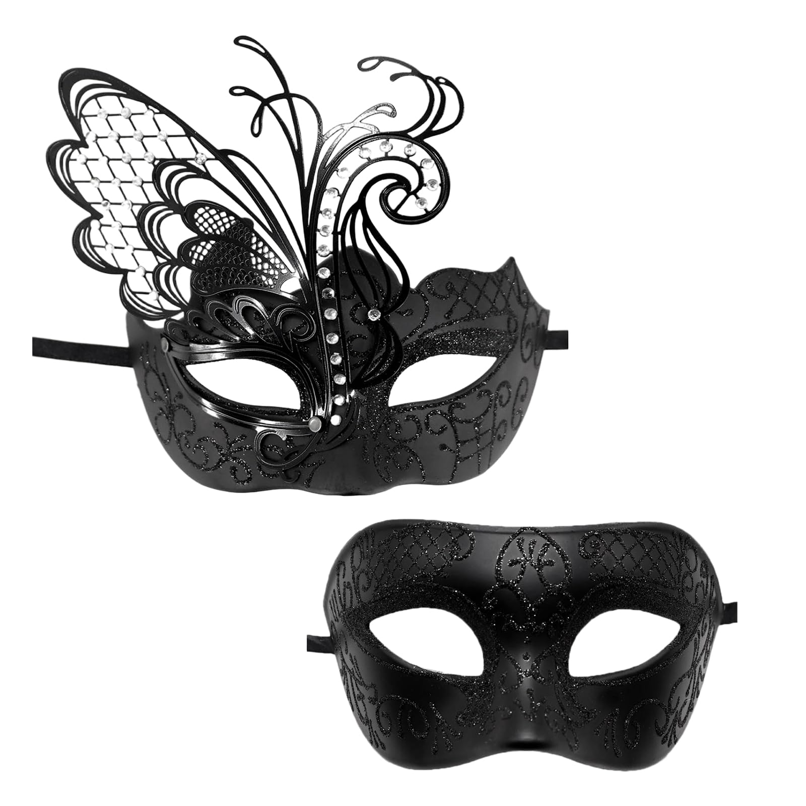 Oidea Masquerade Mask for Couples: Shiny Rhinestones Filigree Butterfly Metal Party Mask Halloween Venetian Costume Prom Ball Mardi Gras Masks Set for Women and Men Black