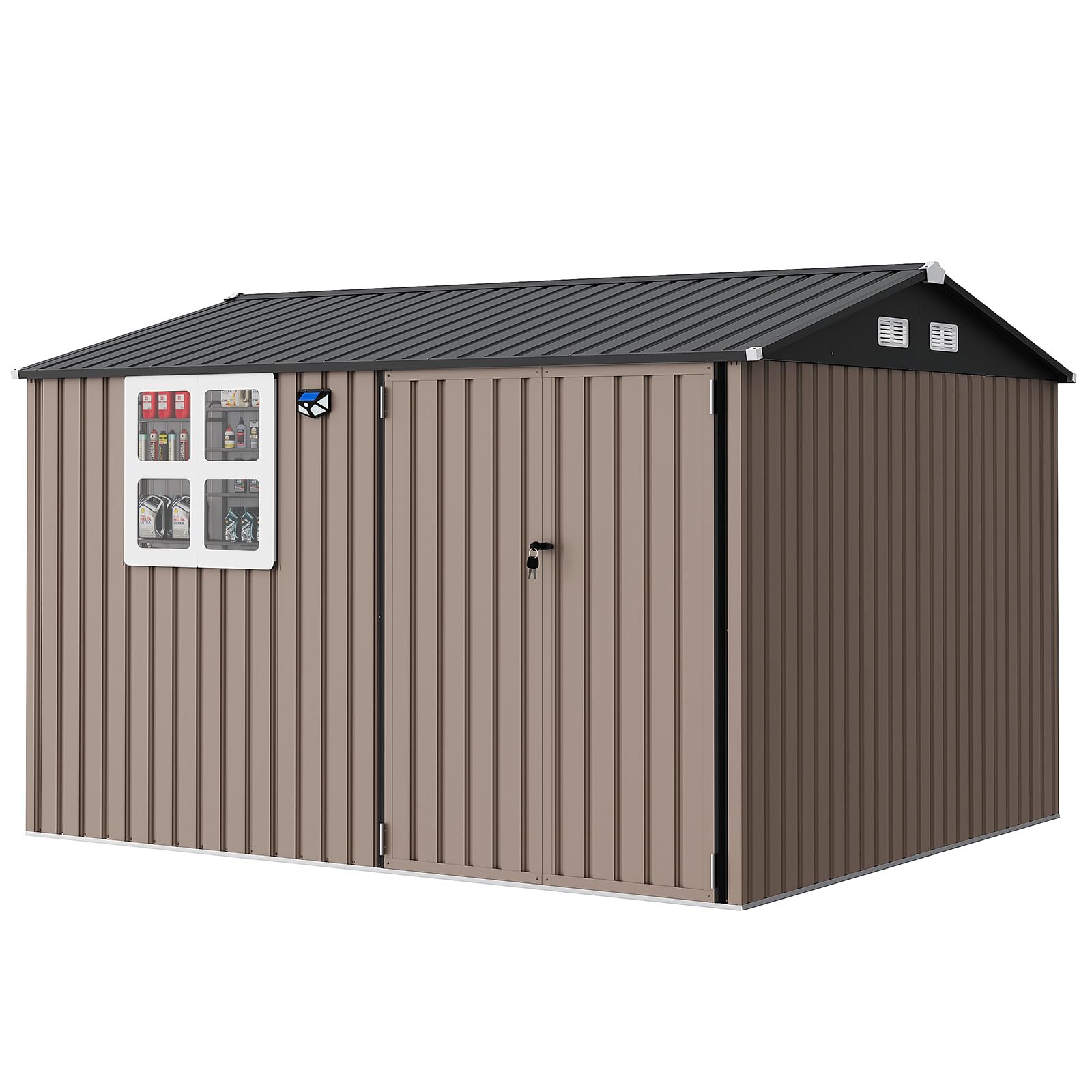Photo 1 of 8x10FT Outdoor Storage Shed Metal Tool Shed with Sloped Roof Windows Solar Light Lockable Doors and Keys for Garden Backyard Patio Equipment and Tools Warm Gray
