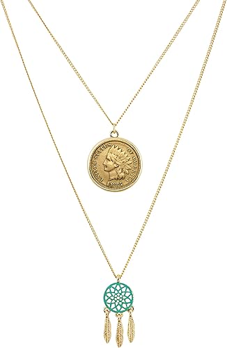Fashion Jewelry Gold Medallion Necklace 2 Strand Long Layered Dream Catcher Statement Piece Jewelry Watches