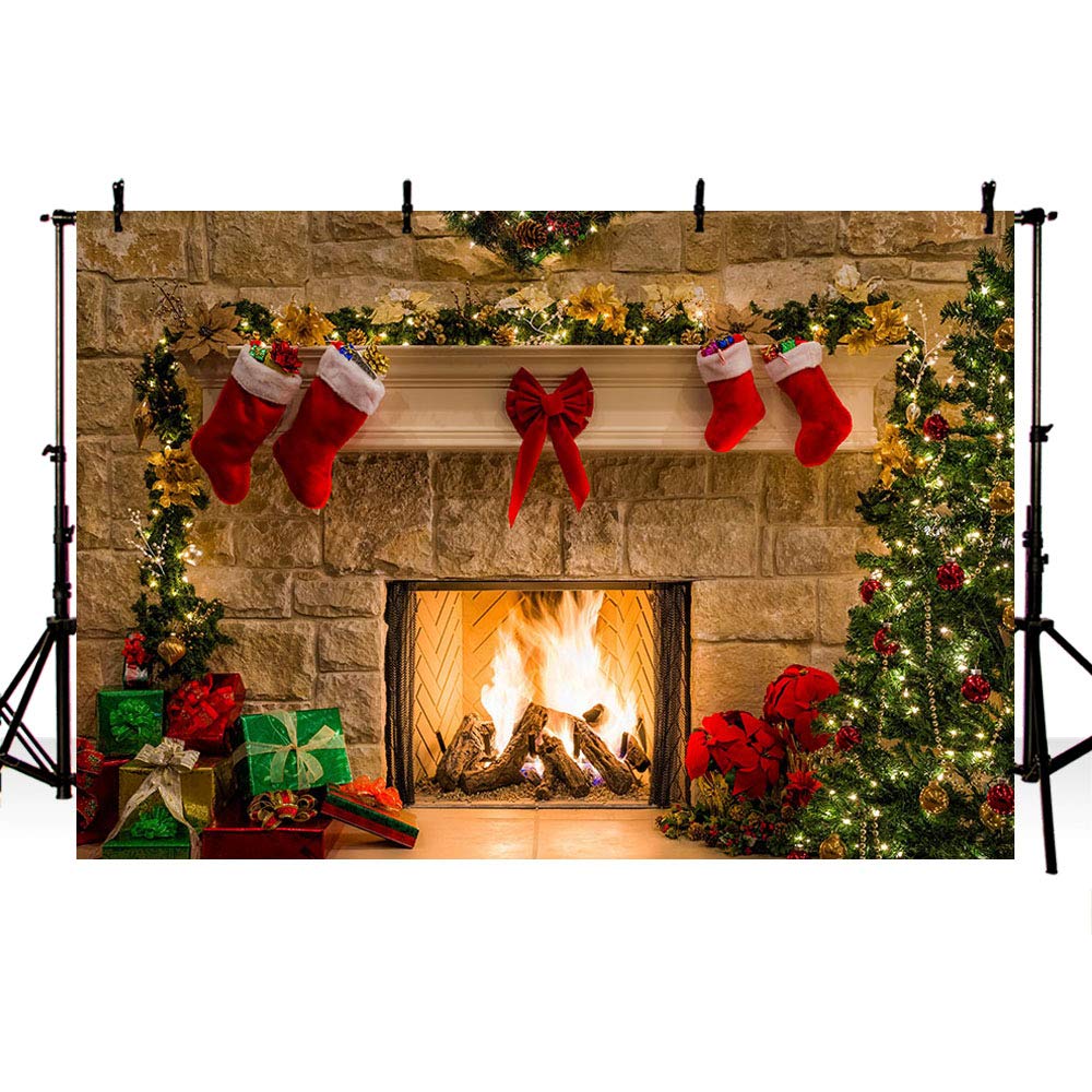 MEHOFOTO 8x6ft Merry Christmas Eve Photo Studio Backdrop Christmas Trees Xmas Fireplace Gifts Red Bow Stocking Backgrounds for Photography