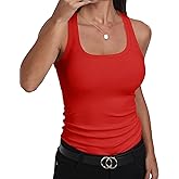 GEMBERA Womens Ribbed Knit Square Neck Racerback Sleeveless Fitted Basic Work Out Tank Top Shirt