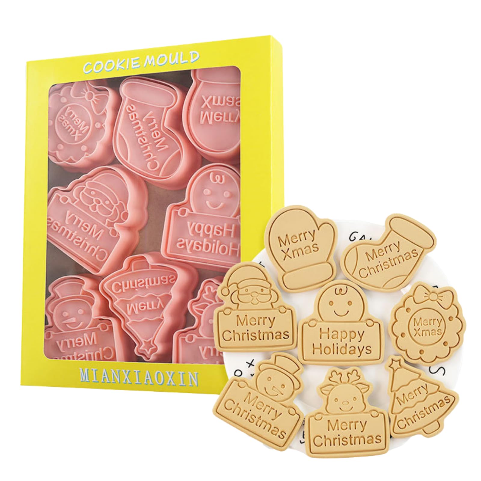 PTaizjjz Christmas Cookie Cutters, 8pcs 3D Pressable Christmas Cookie Stamps Set- Gingerbread Man, Christmas Tree, Snowman,Santa,Garland,Elk,Gloves,Socks,Merry Christmas