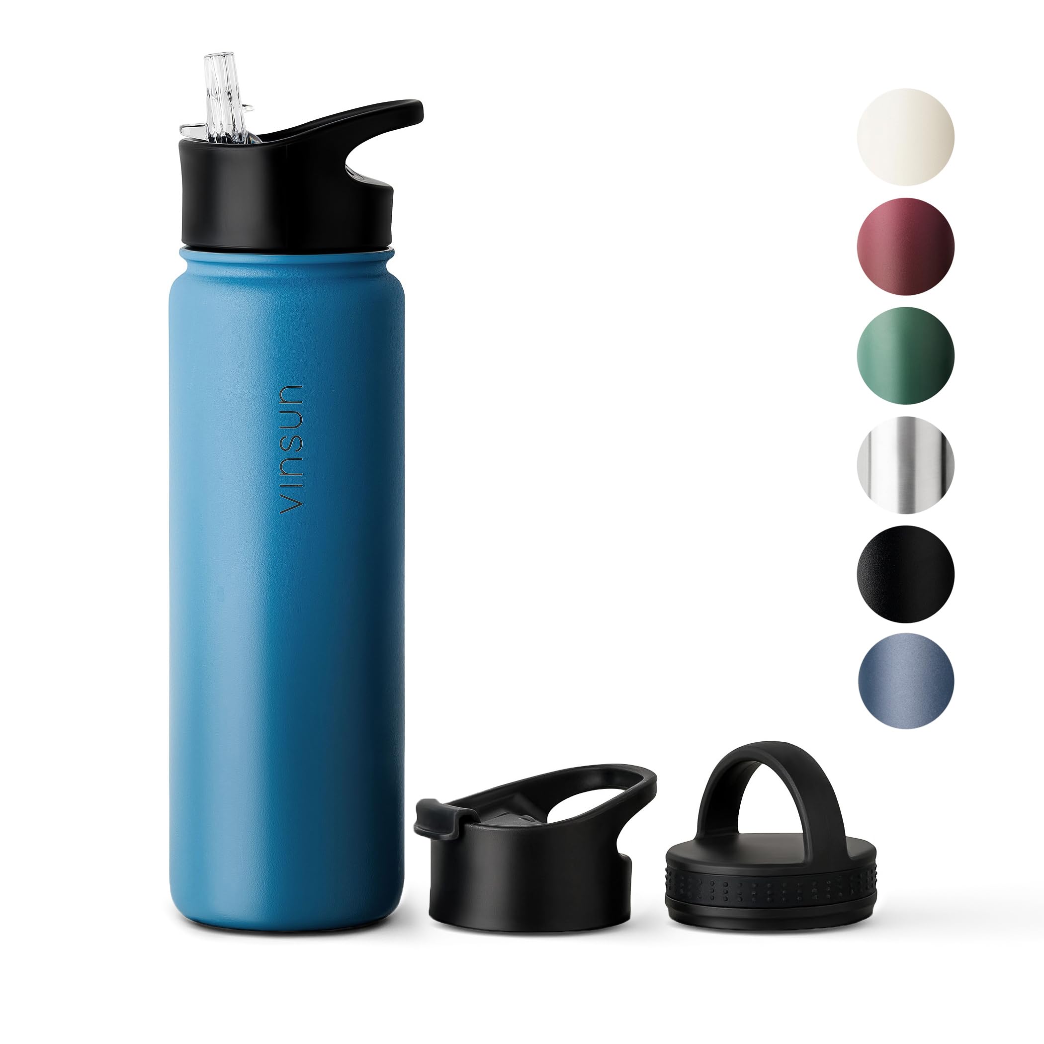 Vinsun Stainless Steel Water Bottle 750ml - 3 Lids - Leakproof, BPA Free, Hot and Cold Drinks - Vacuum Insulated Thermo Flask - Travel, Sports, Gym, School, Work