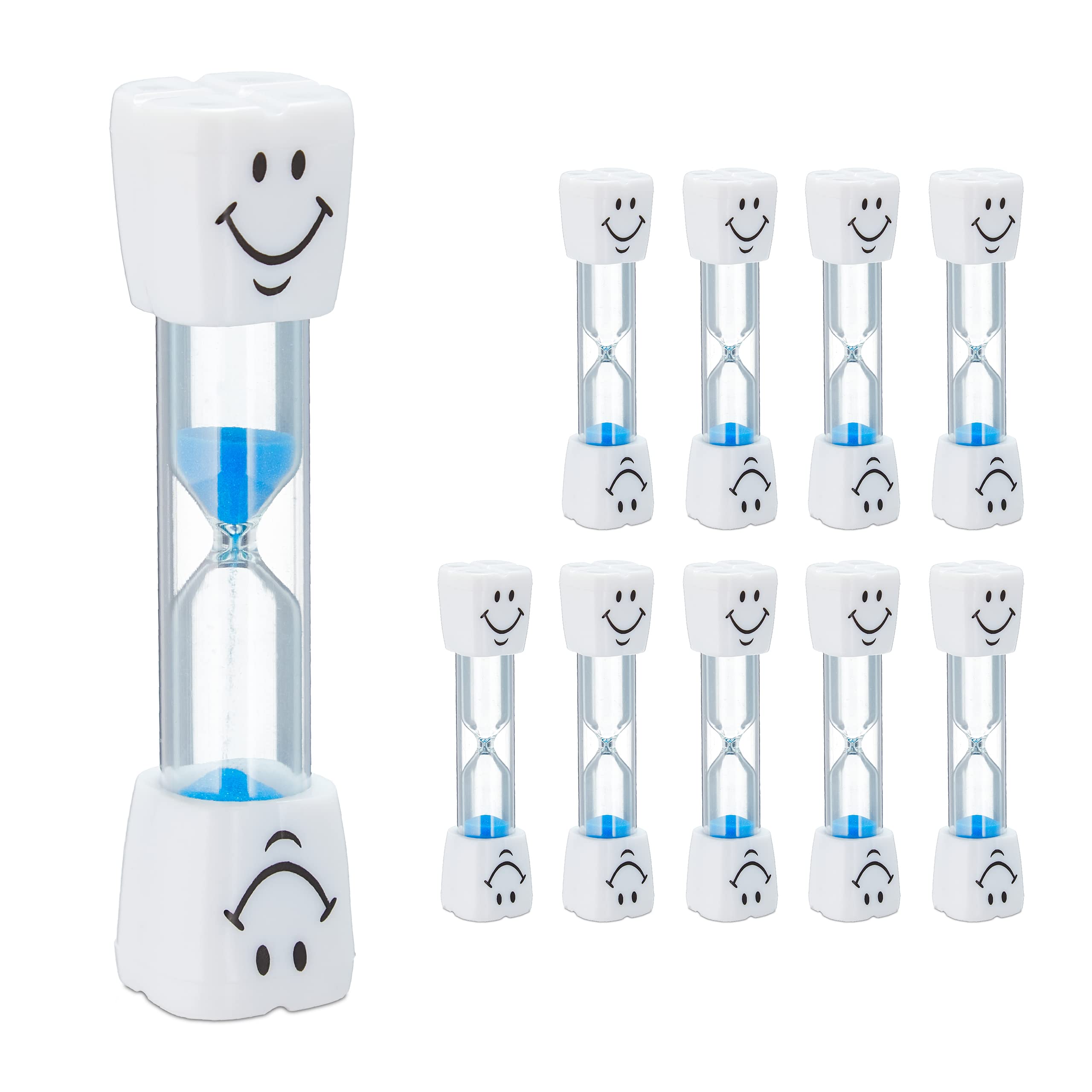 Relaxdays Toothbrush Timer, Set of 10, Toothbrushing Sand Timer, 3 Minutes, Noiseless, Glass & Sand, White/Blue