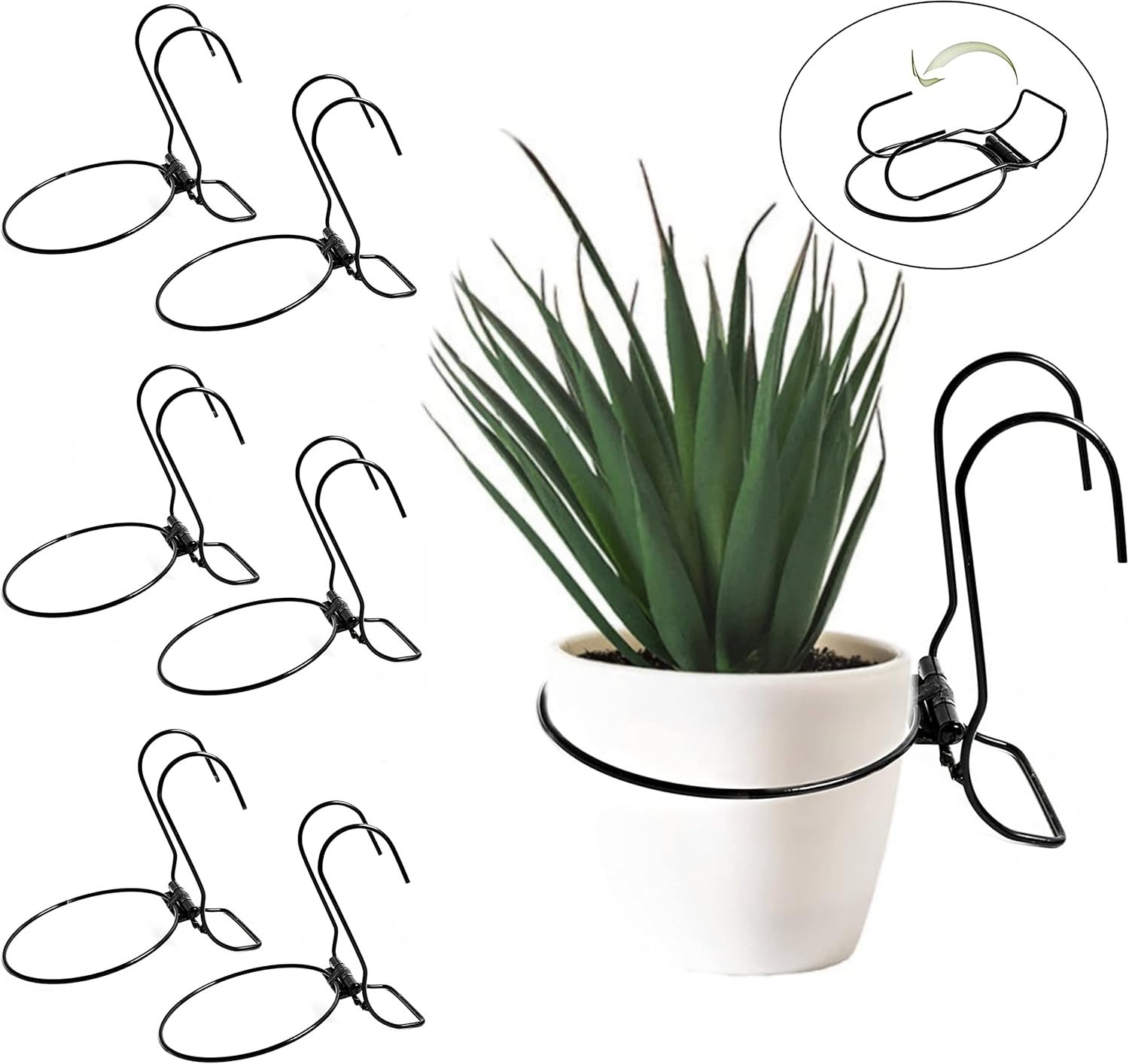 Outdoor Hanging Brackets - 6 Pieces, 6 inches Iron hanging Flower Pot. White Metal Plant Wall Hanger, Vertical Garden. Planter Hook Ring, Rail Metal Fence. Indoor and Outdoor. Yard Garden. Wire Trellis. Collapsible Bracket.