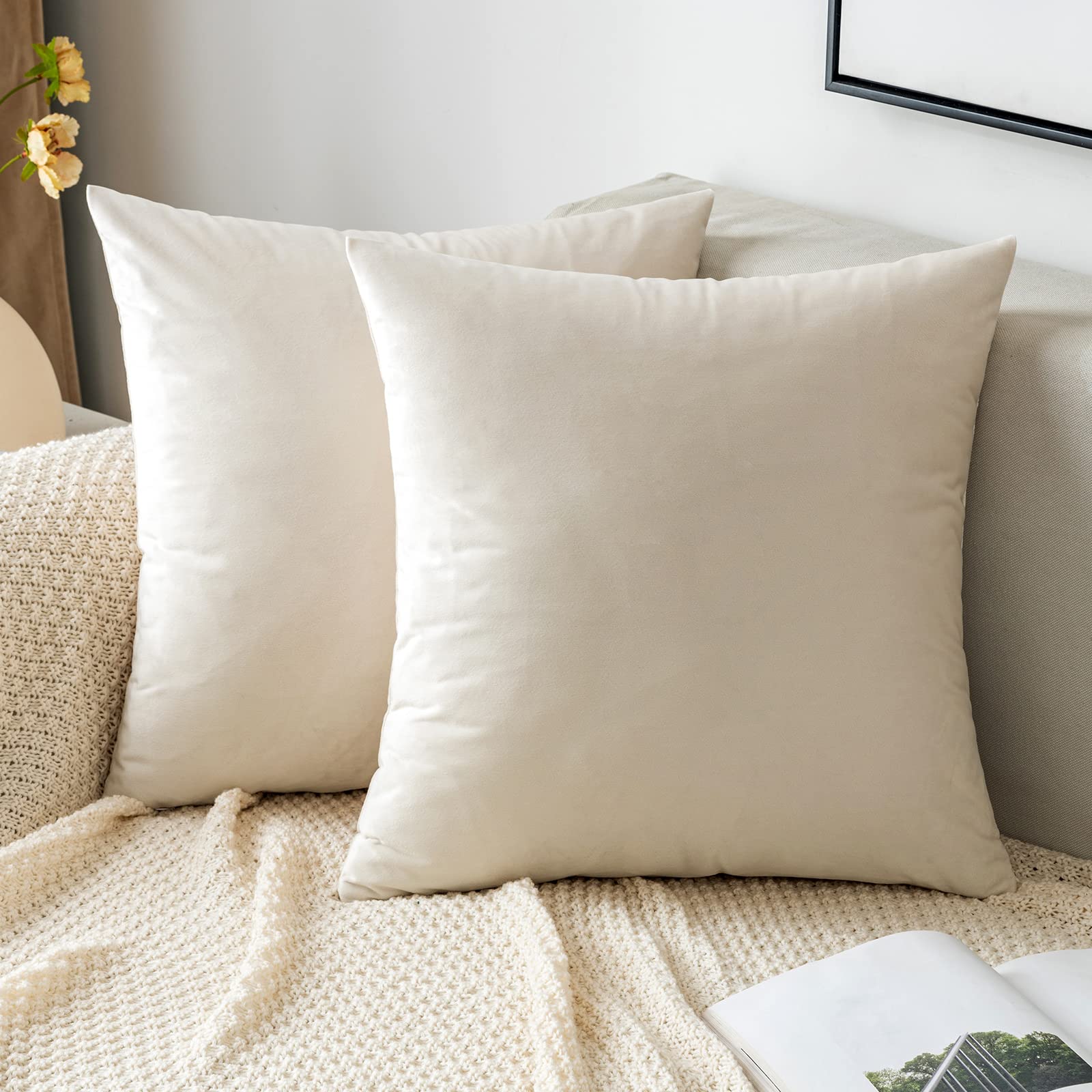 EMEMA Velvet Cushion Covers Cream white Decorative Throw Pillow Case 16x16 Inch 40x40 cm Pillow Covers for Livingroom Sofa Bedroom Pack of 2 — image 1