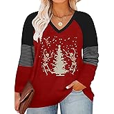 Plus Size Christmas Shirts Women Merry Xmas Tree Print T-Shirt Long Sleeve Plaid Splicing Tops(1X-5X)