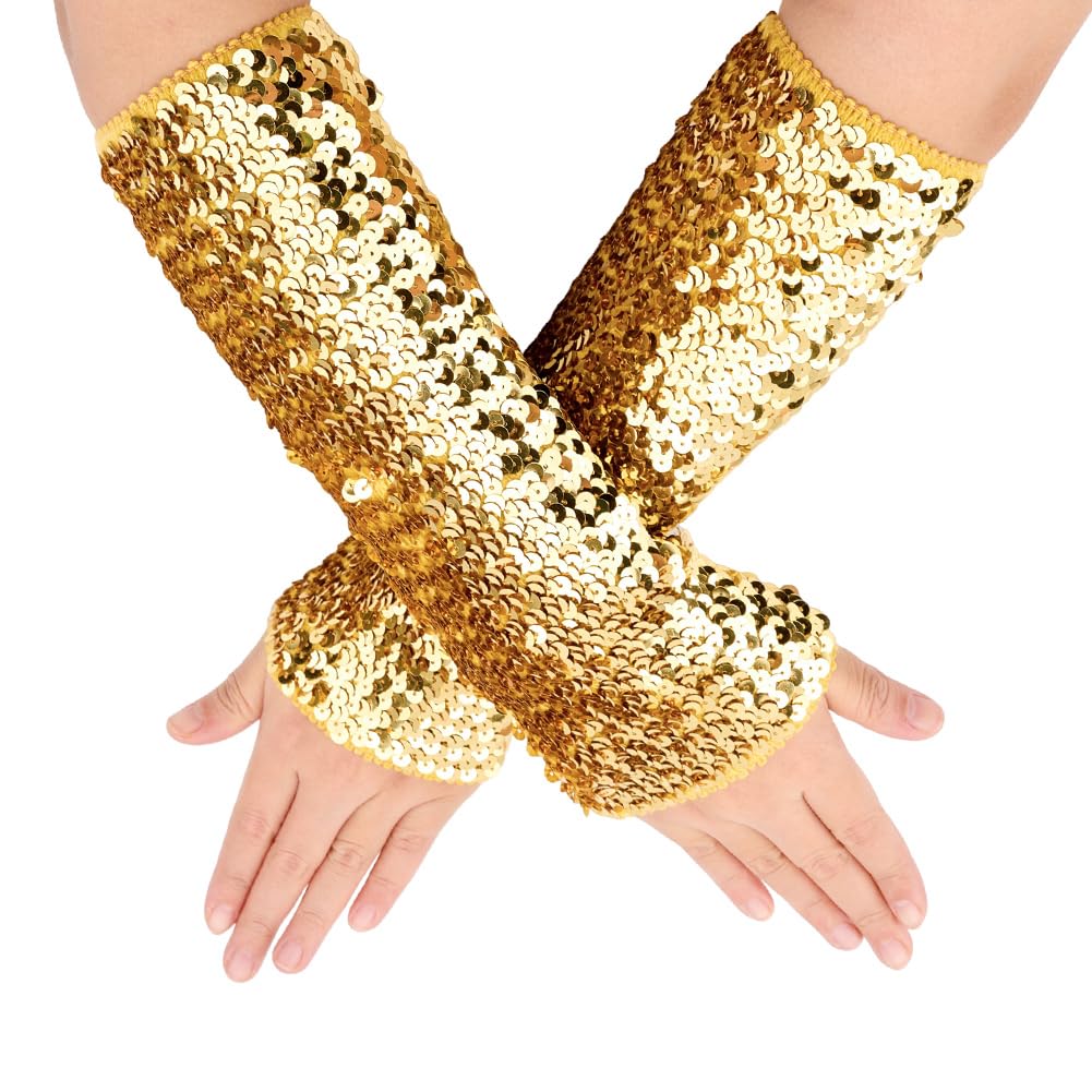 CABODYALS 1 Pair Gold Sequin Long Gloves Glitter Metallic Sequins Elastic Fingerless Glove Shiny Sparkly Stretchy Oversleeves Rave Arm Sleeves Bulk for Women Evening Party Cosplay Dance Accessories
