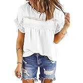 Dokotoo Womens Summer Tops Crewneck Lace Crochet Short Sleeve Shirts Casual Chiffon Blouses