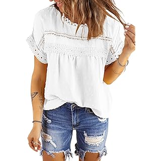Dokotoo Womens Summer Tops Crewneck Lace Crochet Short Sleeve Shirts Casual Chiffon Blouses