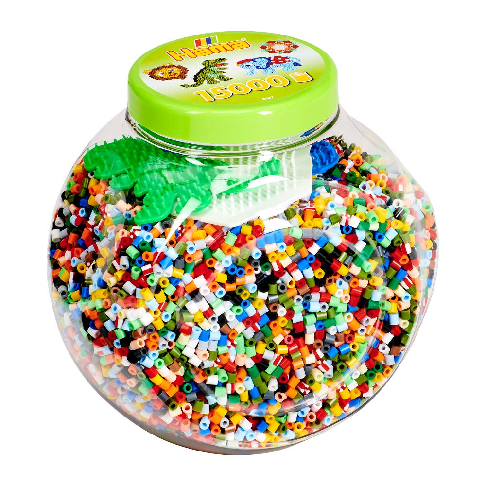 Hama Beads & Pegboards Set, Official Hama Tub Containing 15,000 Beads and 3 Coloured Peg Boards, Ironing Paper, Arts and Craft Kit for Boys and Girls Ages 5+, Green