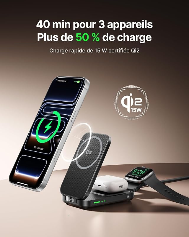 3 en 1 Chargeur Induction, 15W Qi2 Chargeur sans Fil Magnétique
