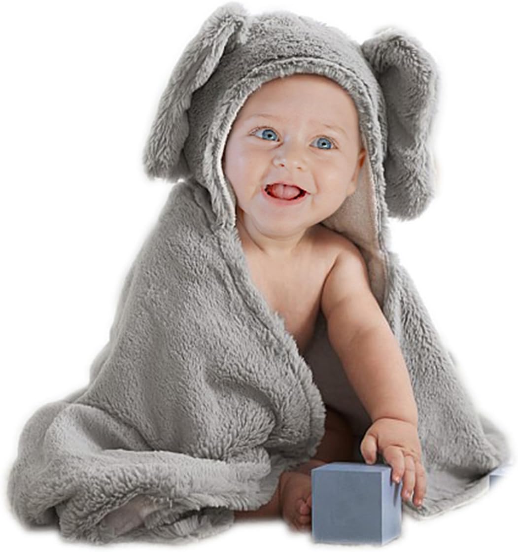 Elephant Grey Baby Hooded Plush Towel Cotton Baby Shower for Toddle Infant Girls and Boys by Babyplix