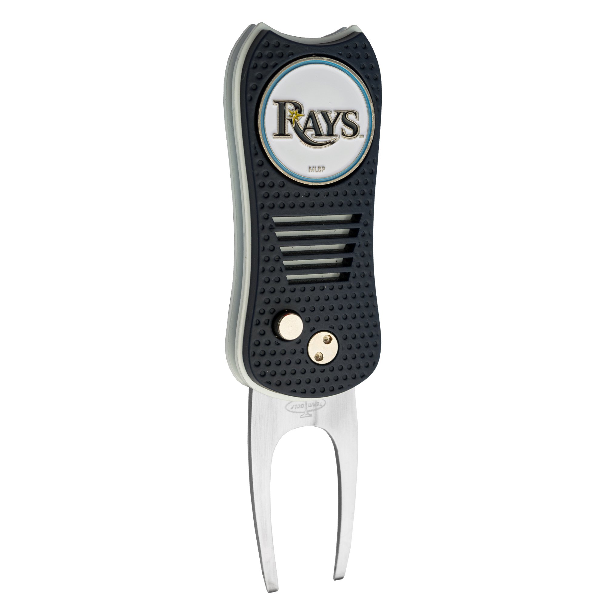 Team Golf MLB Tampa Bay Rays Switchblade Divot Tool with Double-Sided Magnetic Ball Marker, Features Patented Single Prong Design, Causes Less Damage to Greens, Switchblade Mechanism