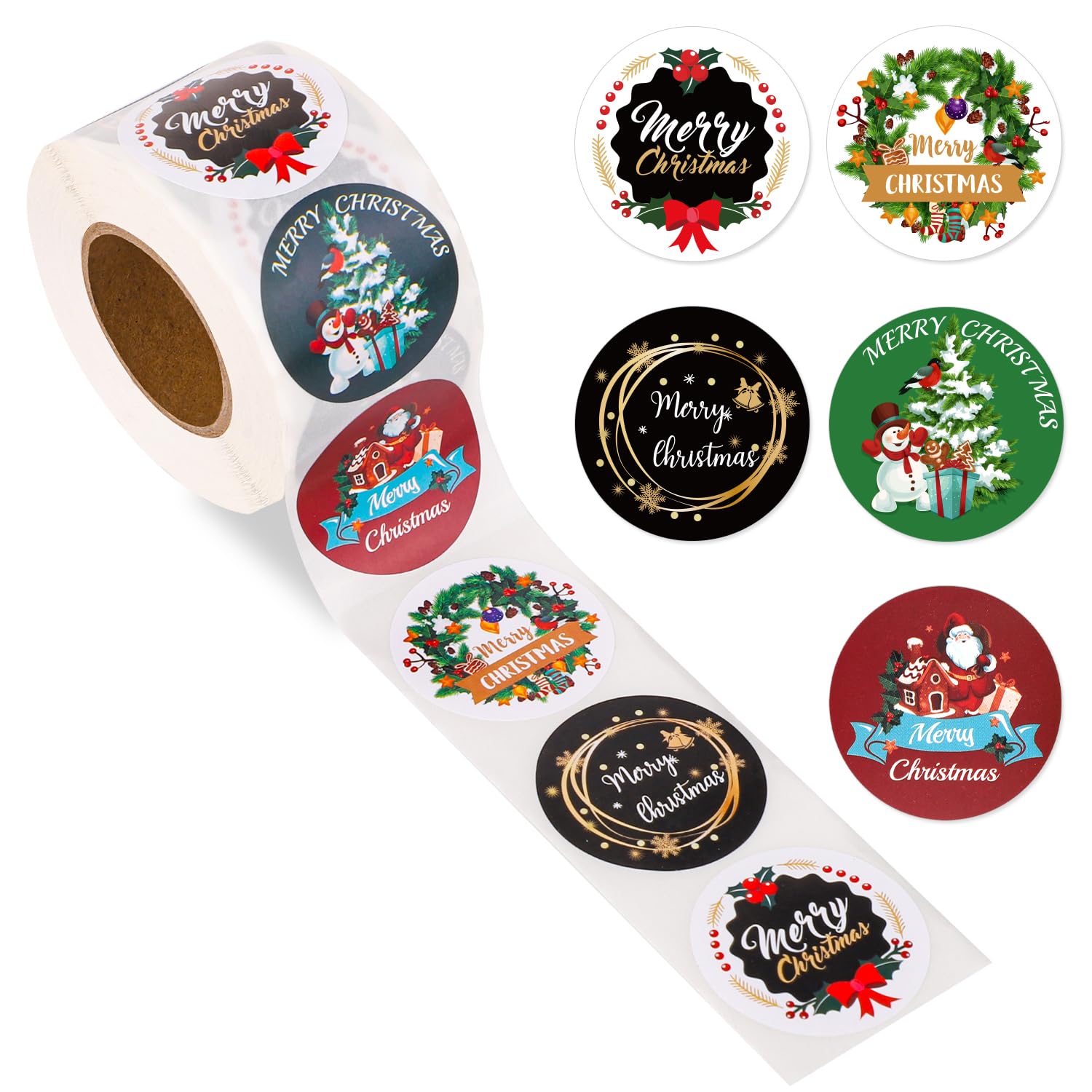 500pcs 1.5 inch Merry Christmas Stickers Roll, 5 Patterns Xmas Holiday Round Labels Decoration for Kids Crafts Cards Scrapbooking Envelopes Seal Gift Tags (Style 2)