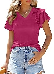 SHEWIN Womens Summer Tops 2025 Ruffle Short Sleeve
