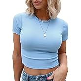 Allimy Womens Summer Short Sleeve Slim Fitted Tshirt Round Neck Ribbed Crop Tops