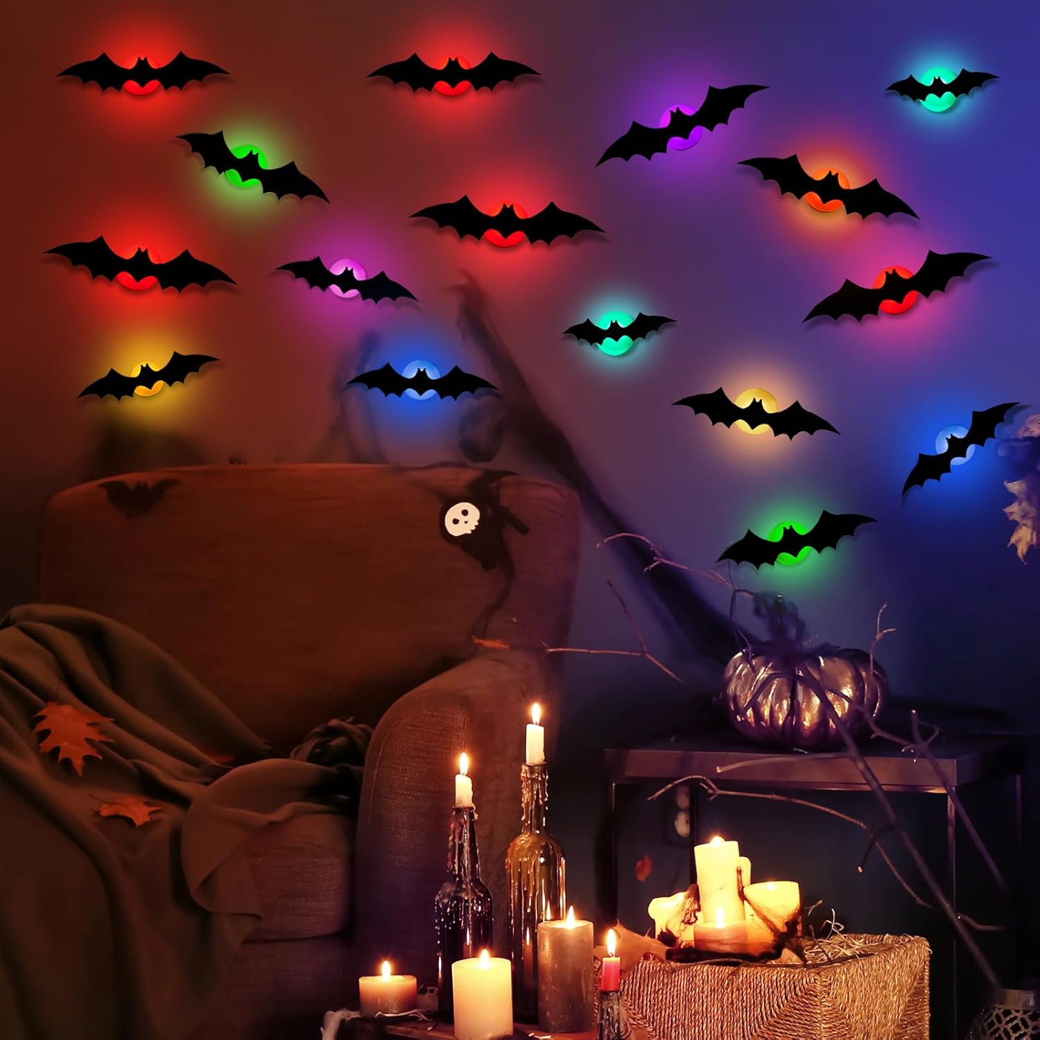 Window Treatments - LED Bats Halloween Decoration,20 Pcs DIY 3D Lighted Bats Stickers for Halloween Wall Decor, Party Supplies Battery Operated 3D Bats Decoration for Window Home Bathroom Indoor Decoration