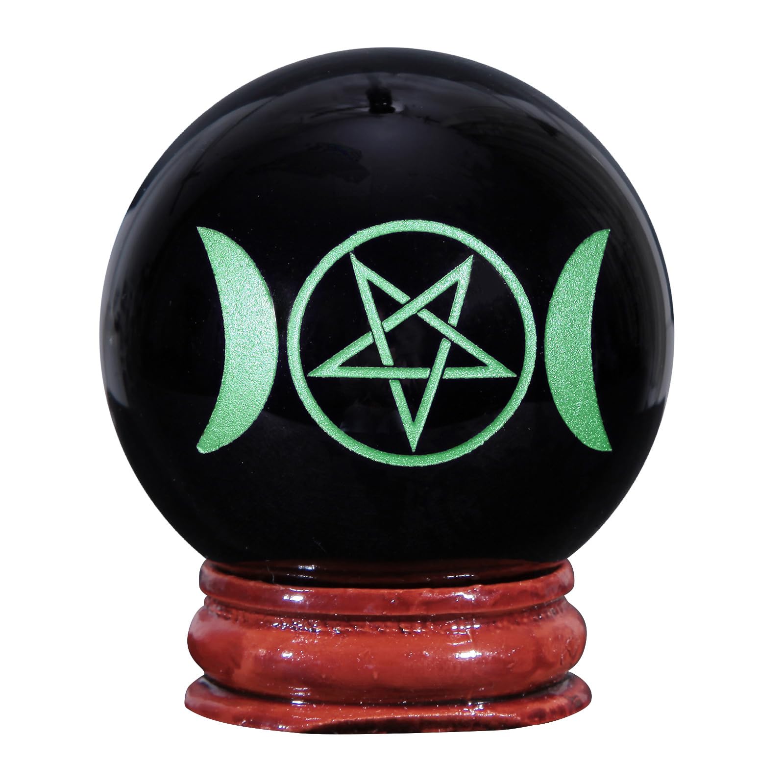 Nupuyai 1.9" Engraved Symbol Obsidian Crystal Ball with Stand, Polished Feng Shui Crystal Sphere Stone Ornament Home Office Decor, Pentacle & Triple Moon, Green