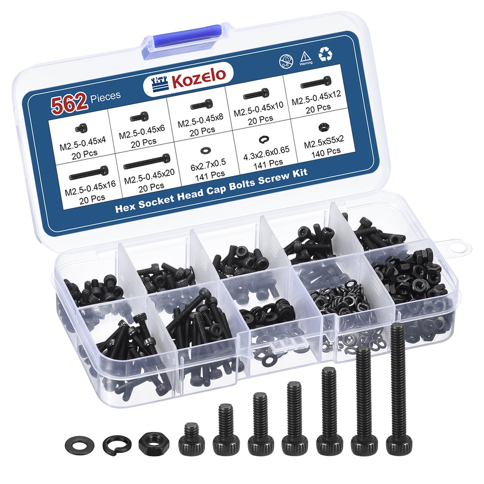 Kozelo 562pcs M2.5 Socket Head Cap Screws Bolts Nuts Assortment Kit - [M2.5x4/6/8/10/12/16/20mm] Alloy Steel Fully Threaded Black Oxide 12.9 Internal Hex Screw for 3D Printer Use