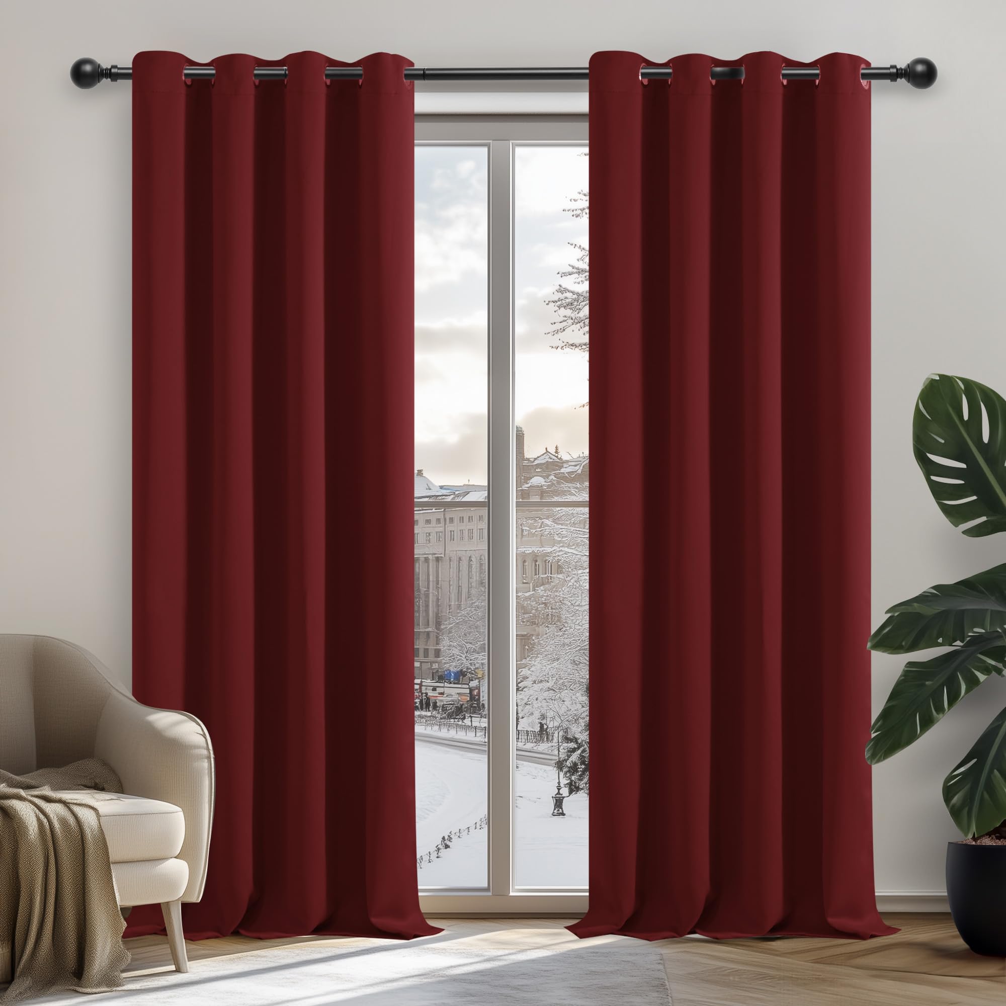 Deconovo Noise Reduction Curtains Eyelet Blackout Curtains Blackout Ring Top Curtains for Christmas Red 42 x 84 Inch 2 Panels