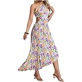 MakeMeChic Women's Casual Striped Cut Out One Shoulder Sleeveless High Waist Summer A Line Maxi Dresses