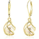 Voaino 18K Gold Plated Caged Pearl Dangle Drop Earrings for Women Lightweight Leverback Dangling Teardrop Earrings Minimalist Jewelry Gift for Her