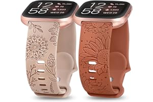 Minyee 2 Packs Floral Engraved Band Compatible with Fitbit Versa 2/Fitbit Versa/Versa Lite Bands Women, Cute Soft Silicone Sunflower Dandelion Sport Designer Fancy Summer Strap for Versa 2 Smart Watch