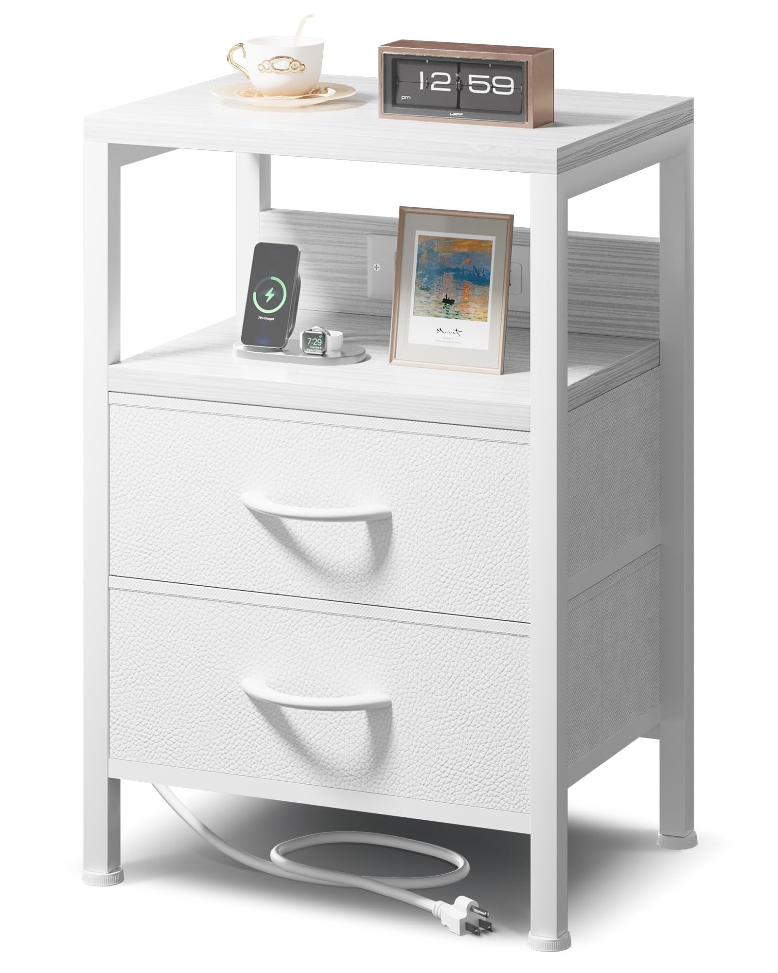 Photo 1 of Lazzanto NightStand Bedside Charging Table Bedroom - Night Stand with Charger Station, White Modern Bed Side End Table with Open Shelf & 2 Fabric Drawers, USB-C Port & AC Outlets for Dorm, Living Room