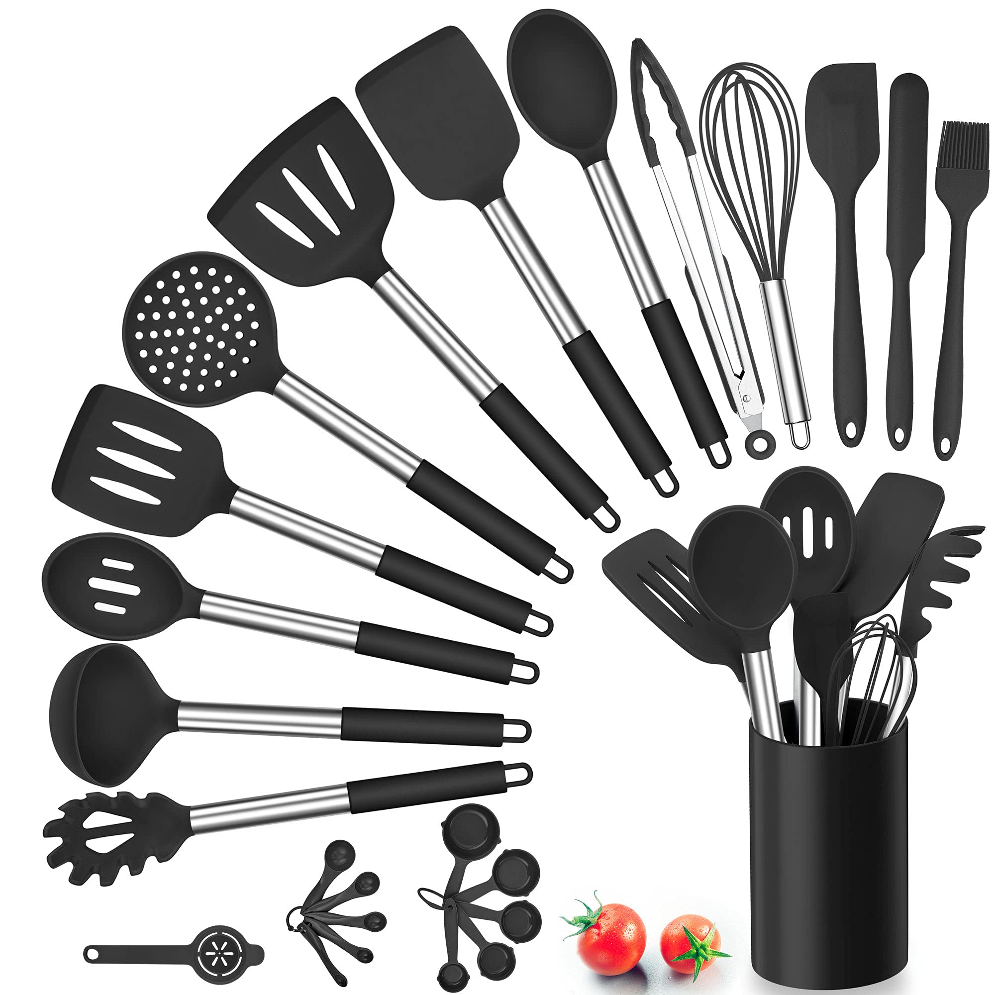 Herogo Silicone Kitchen Utensils Set, 25 Pcs Cooking Utensil with Holder, Heat Resistant Kitchen Tools with Stainless Steel Handle for Non-Stick Cookware, Turner Spatula Spoon Tong Brush Whisk, Black