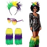 3 Pcs Mardi a Gras Accessories Set for Women, Includes Mardi a Gras Furry Leg Warmers, Feather Headband & Heart-Shaped Glasses, Purple Gold Green Carnival Party Costume Outfit for Women & Men