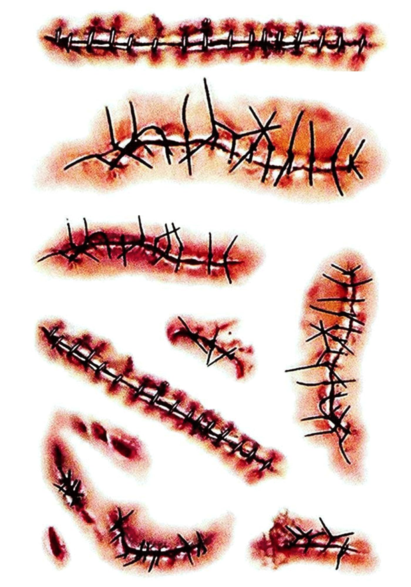 Photo 1 of ?10 PCS? Chucky Costume Halloween Temporary Tattoos Fake Blood Tattoos Waterproof Realistic Stitches Wound Temp Tattoo Halloween Parties Party Favor Party Supplies