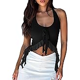 cailami Women's Sexy Halter Going Out Crop Tops Sleeveless Backless Ruffle Hem Tank Tops