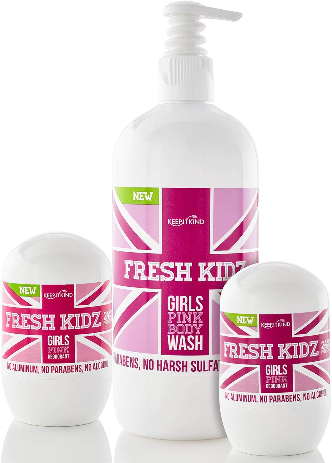 Keep it Kind Fresh Kidz Body Wash 16.9 fl.oz. and 2 Roll On Deodorants 1.86 fl.oz. for Kids & Teens - Girls"Pink" Set