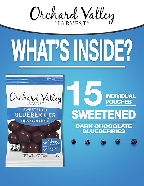 ORCHARD VALLEY HARVEST DARK CHOCOLATE COVERED BLUEBERRIES, 1 OUNCE(PACK OF 15), GLUTEN FREE, NON-GMO, NO ARTIFICIAL INGREDIENTS