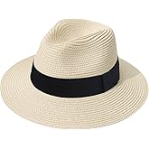 DRESHOW Women Straw Panama Hat Travel Fedora Beach Sun Hat Summer Wide Brim Straw Roll up Hat UPF 50+