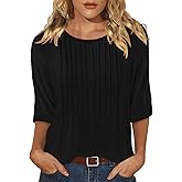 KISSMODA Women's Round Neck Pleated 3/4 Sleeve Tunic Top