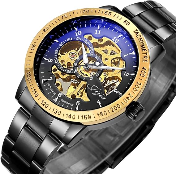 Amazon Hwcoo 美しい時計 青いガラスの大きな中空自動機械式腕時計スチールベルト機械式時計 Color 2 メンズ腕時計 腕時計 通販