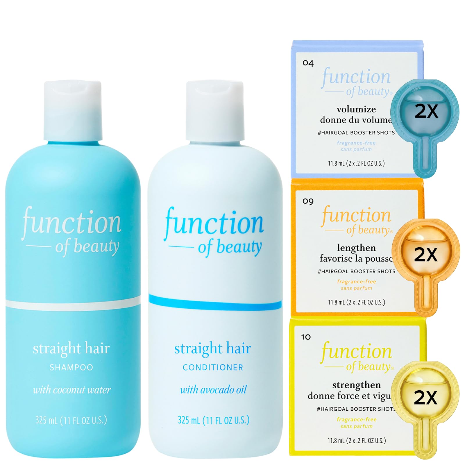 Photo 1 of Function of Beauty Straight Hair Shampoo + Conditioner (11 oz Each) + Volumize, Strengthen & Lengthen #HairGoal Boosters Set - Sulfate-Free, Formulated to Hydrate and Seal in Moisture