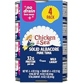 Chicken of the Sea Wild Caught Solid White Pure Albacore, No Drain, 4 oz Cans, 4-Count &ndash; High Protein 100% Classic Tuna in No Drain Can for Less Mess &ndash; Delicious, Easy, Nutritious Ready to Eat Meals