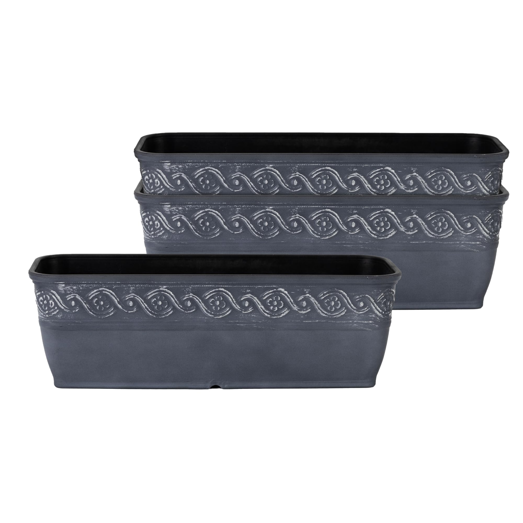 Classic Home and Garden Corinthian Rectangular Trough Window Box Planter, 10", Storm Gray, Pack of 3
