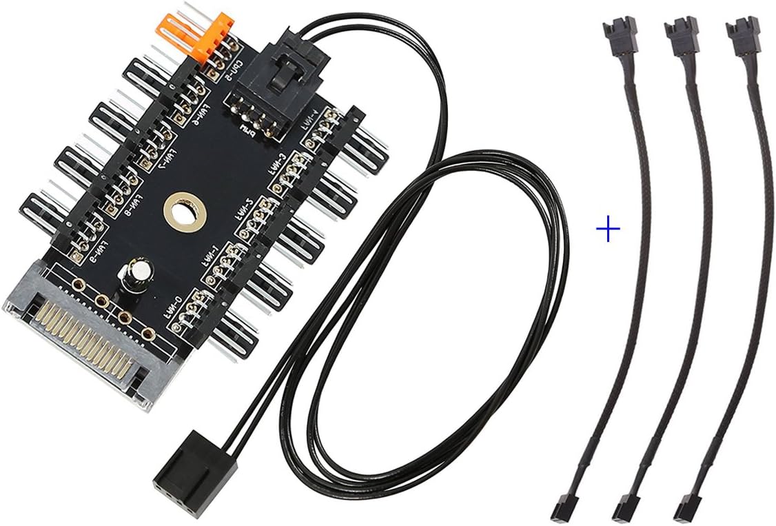 CloverTale Fan Hub CPU Cooling HUB 10 Port 12V 4 Pin Fan PWM Fan Hub SATA Controller Fan Power Supply Adapter for PC with 3 Pieces 4 Pin PWM Fan Power Extension Cable for Computer Case Cooling Fans