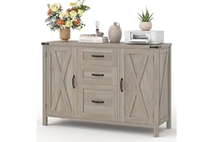 Vabches File Cabinet with 3 Drawers, Farmhouse Lateral File Cabinet Fits Files Letter/A4 Size, Wooden Filing Cabinet with Door and Adjustable Shelves Printer Stand for Home Office, Rustic Grey