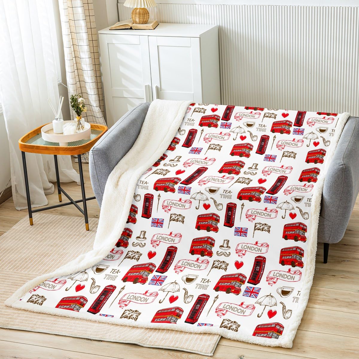Homemissing British Sherpa Blanket London Urban Fleece Throw For Bed And Sofa, Kids Red Bus Plush Utra Soft England Flag Fuzzy Retro Telephone Booth Flannal Single 50x60 Inch