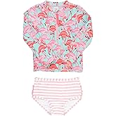 RuffleButts Baby/Toddler Girls Long Sleeve Rash Guard 2 Piece Swimsuit Set w/UPF 50+ Sun Protection with Zipper - Fab Flamingo X, 4T