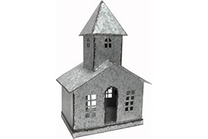 Sweet Summer Living Tabletop Farmhouse Decor, Tin Houses, Christmas Display Church 14.5 Inch Height X 9.5 Inch Width X 7 Inch Length Metal Galvanized Antique Gray